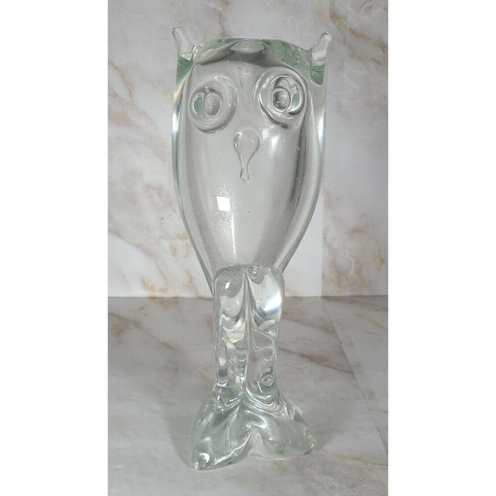 Vintage Hand‎ Blown Heavy Clear Glass Owl Figure Modernist Style 12” Tall